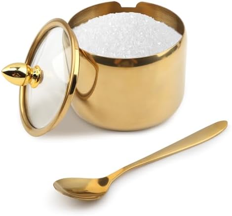10oz Sugar Bowl with Clear Lid and Spoon, Gold or Silver Stainless