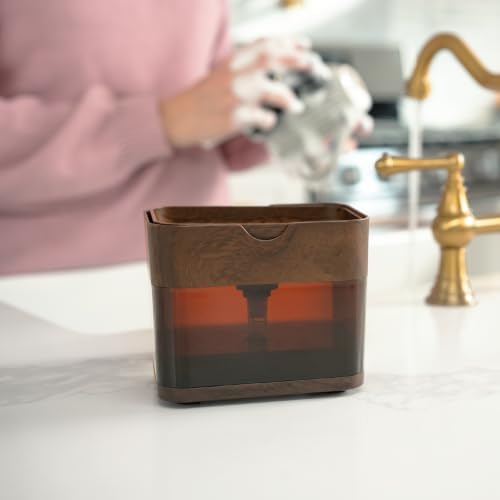 S&T INC. Dish Soap Dispenser and Sponge Holder, Walnut and Amber