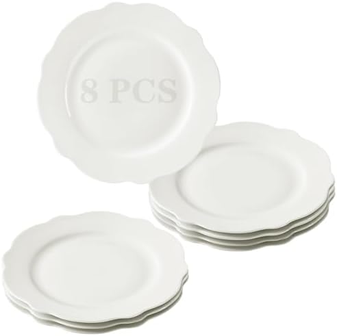 10.5” White Porcelain Large Dinner Plates Leave Wave Rim Set of 8