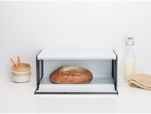 Brabantia Rectangular Fall Front Bread Box | White | Large Metal Front Opening Bread Store for Kitchen Countertop | Flat Top for Extra Storage, Magnet Closing Lid | Fits 2 Loaves