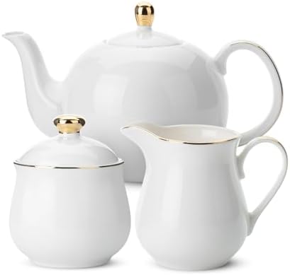 BTaT- Porcelain Creamer and Sugar and Teapot Set, White Cream and