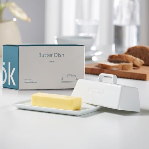 Kook Ceramic Butter Dish with Lid, Countertop, Dishes, Tray, White
