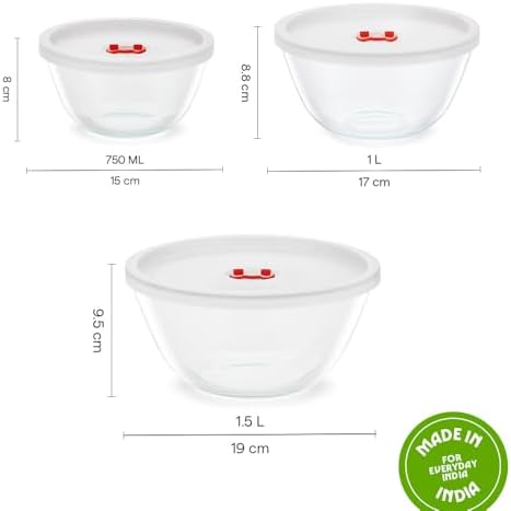Borosil Glass Mixing Bowl with lid - Set of 3 (500 ML + 900 ML + 1.3L)