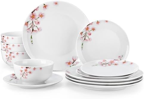 VEWEET Porcelain Dinnerware Sets for 4, 12 Piece Pink Plates Bowls