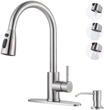 WOWOW Kitchen Faucet with Soap Dispenser, Brushed Nickel