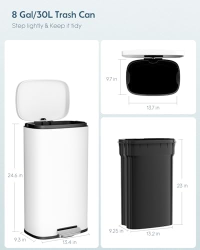 Arlopu 8 Gallon Stainless Steel Step Trash Can, White