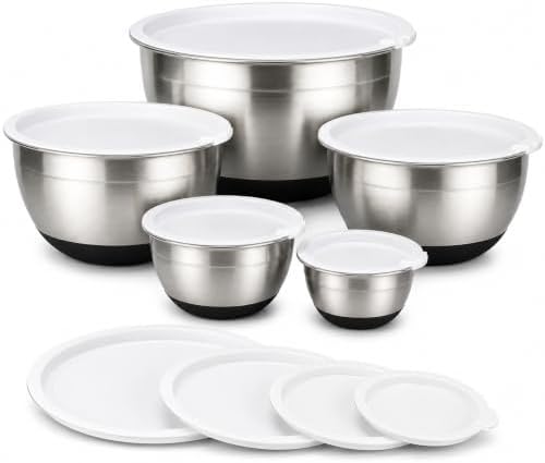 Avador Premium Stainless Steel Mixing Bowls with Lids Non-Slip, Set of 5 Mixing Bowl Set with Silicone Base, Space Saving, Great for Cooking, Baking, Prepping (0.25qt, 1qt, 1.5qt, 3qt, 5qt)