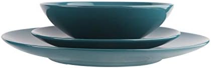 Amazon Basics 18-Piece Stoneware Dinnerware Set, Service for 6, Microwave and Dishwasher Safe, Plates and Bowls, Deep Teal
