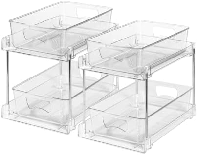 2 Pack Clear Bathroom Organizers and Storage, 2 Tier Pull Out Under
