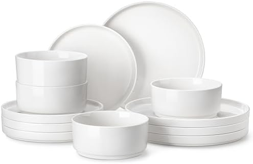 MALACASA 12 Pieces Porcelain Dinnerware Set, Modern White Dish Set for