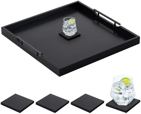 Remagr 24'' Large Square Wood Ottoman Tray, Black, Classic