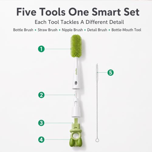 5-in-1 Long-Handle Silicone Baby Bottle Brush Set with Straw Cleaner
