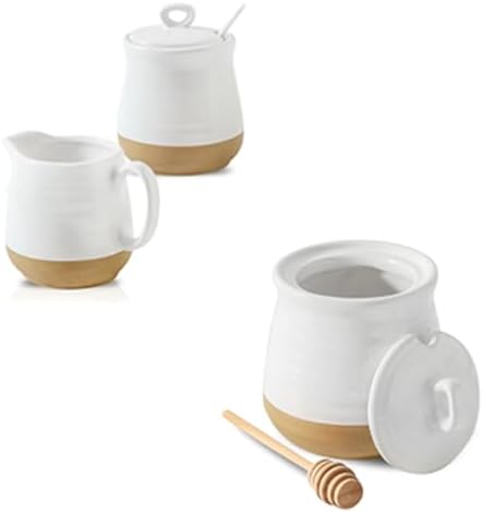 Ceramic Sugar and Creamer Container Set of 3 and 12 Ounce Honey Jar