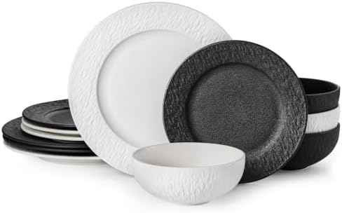 Black & white Dinnerware Sets for 4, 12-Piece plates and bowls sets