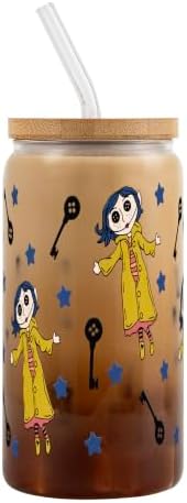 Sip-Sip Hooray! Coraline 16oz Glass Can Cup with Lid and Straw, Button