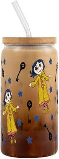 Sip-Sip Hooray! Coraline 16oz Glass Can Cup with Lid and Straw, Button