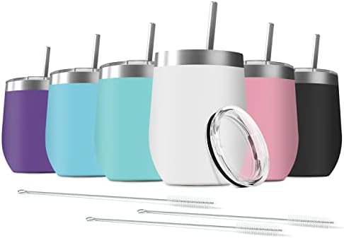 6 Pack 12 oz Stainless Steel Wine Tumbler with Lids, Double Wall