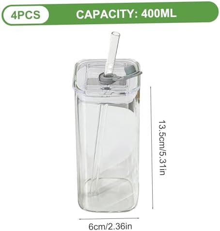 Square Glass Cups with Lids and Straws, 4Pcs Temperature Resistant