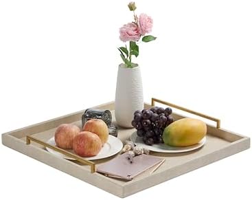 Ivory Shagreen Extra Large Ottoman Trays with Gold Handles 20x20, Faux