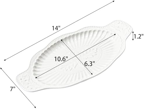 2 Pack Porcelain Oval Serving Platters, 14 Inch Large Embossed White