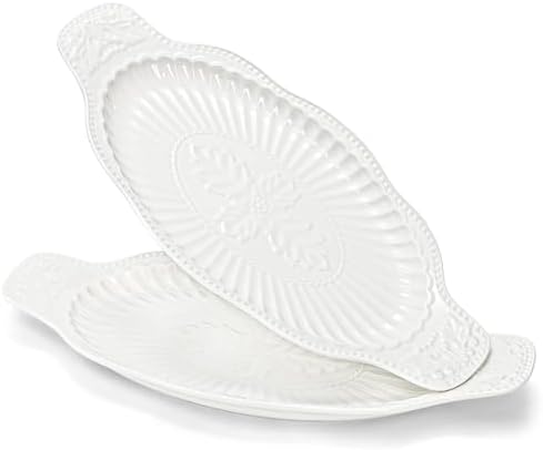 2 Pack Porcelain Oval Serving Platters, 14 Inch Large Embossed White