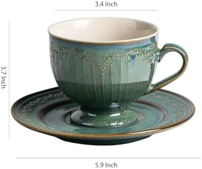 WAIT FLY Vintage Embossed Ceramic Coffee Mug with Saucer Set, Espresso