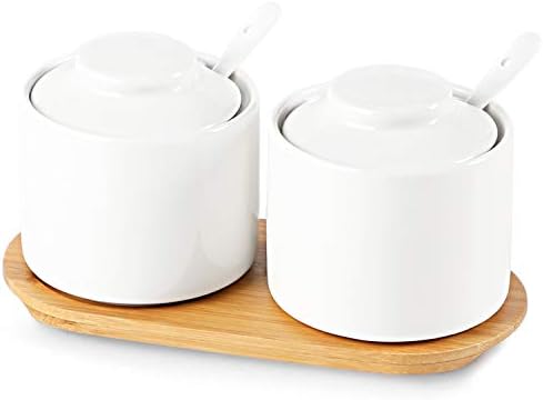 ONTUBE Ceramic Sugar Bowl with Tray and Spoon Set of 2, 8oz (White)