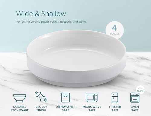KooK Ceramic Pasta Bowls, Wide & Shallow, Set of 4, White