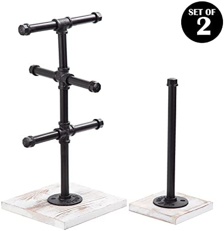 Mug Hanging Rack Kitchen Paper Towel Holder 2 Piece Industrial Black