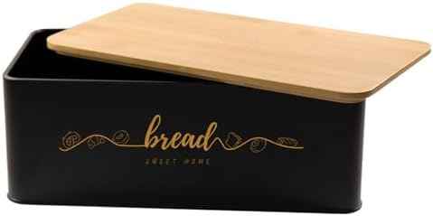 Bread Box with Bamboo Cutting Board Lid, Metal Bread Box for Kitchen Counter, Small Bread Storage Container, Black Bread bin for Kitchen Countertop