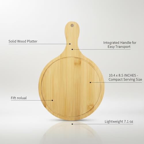 Solid Wood Serving Tray with Handle, 6-Inch Round Platter for Pizza