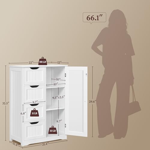 Yaheetech Small Bathroom Storage Cabinet with 4 Drawers & Door, White