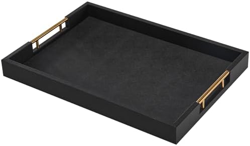 Rectangular 18×14 Inch Black Wood Ottoman Serving Tray with Metal