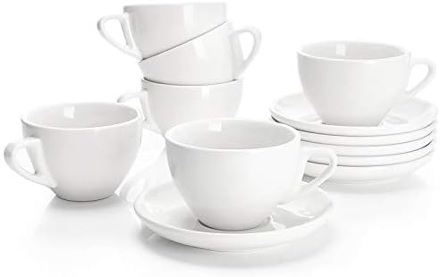 Sweese 6 Ounce Cappuccino Cups with Saucers, Porcelain Double Espresso