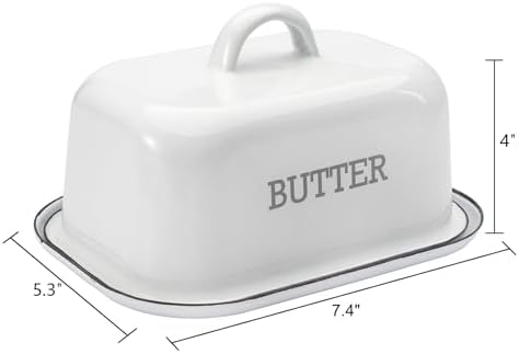 Enamel Butter Dish with Lid for Countertop, Vintage White Large Butter
