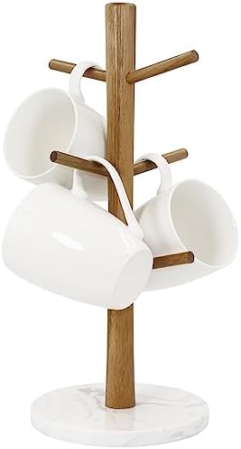 Buruis Acacia Wood Mug Holder with Marble Base, 6 Hook Mug Tree, White