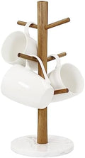 Buruis Acacia Wood Mug Holder with Marble Base, 6 Hook Mug Tree, White