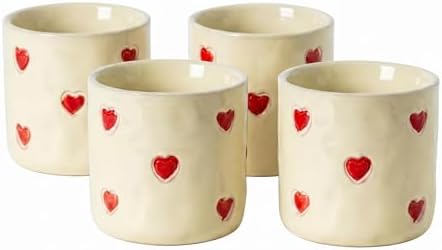 Espresso Cups Set of 4,5oz Ceramic Coffee Mugs with Red Heart Decor