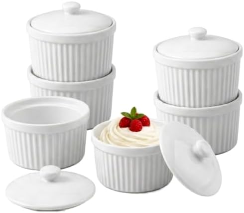 Ceramic Ramekins with Porcelain Lids, 6 Oz Creme Brulee, Souffle