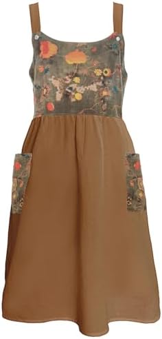 Apron for Women Cotton Linen with Large Pockets Floral No Waist Tie