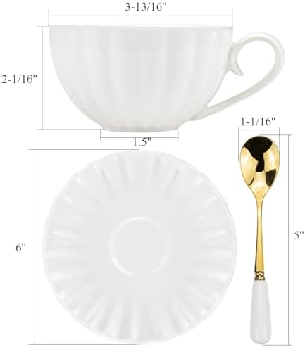 Yesland Set of 6 Royal Tea Cups and Saucers, 6 oz White Porcelain Tea