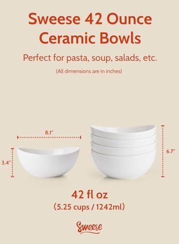Sweese 42oz Porcelain Serving Bowls - Set of 4, 8-Inch White Bowls for