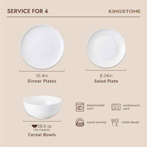 KINGSTONE Bone China Dinnerware Set for 4, 12-Piece Plates and Bowls