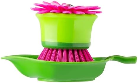 Vigar Flower Power Palm Dish Scrub Brush Holder, Pink, Green