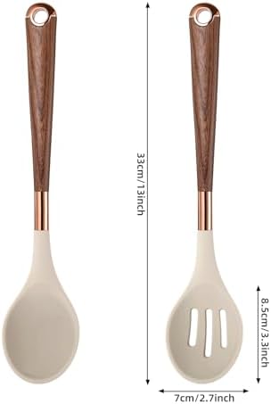 MANJIA Silicone Slotted and Solid Cooking Spoons Set, 2 Piece, Khaki