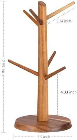 Acacia Wood Coffee Mug Tree Holder Countertop with 6 Hooks