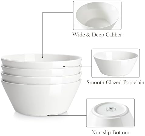 MALACASA 60 OZ Large Salad Soup Bowls Set of 4, White Ceramic Bowls