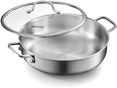 Saute Pan with Lid, 12 Inch 7QT Tri-Ply Stainless Steel Braiser Pan