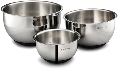 HexClad 3 Piece Stainless Steel Mixing Bowl Set with Vacuum Seal Lids
