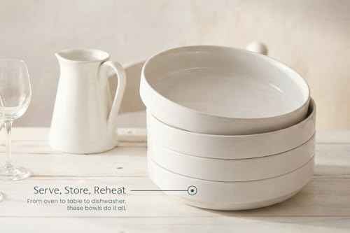 KooK Ceramic Pasta Bowls, Wide & Shallow, Set of 4, White